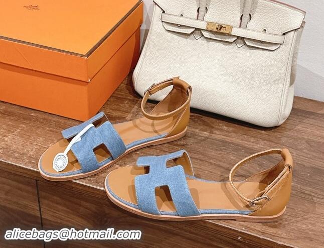 Good Quality Hermes Santorini Flat Sandals in Light Blue Denim 909007