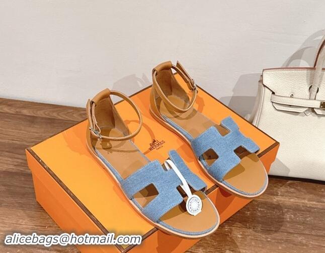 Good Quality Hermes Santorini Flat Sandals in Light Blue Denim 909007