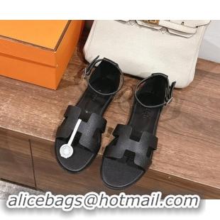 Shop Duplicate Hermes Santorini Flat Sandals in Grained Calfskin Black 909008