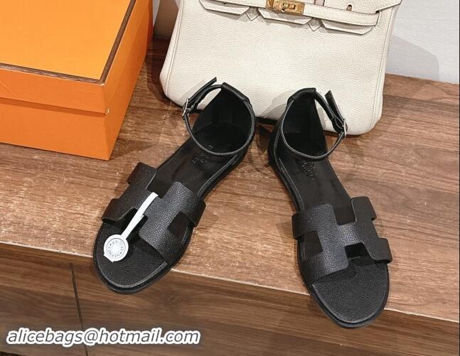 Shop Duplicate Hermes Santorini Flat Sandals in Grained Calfskin Black 909008