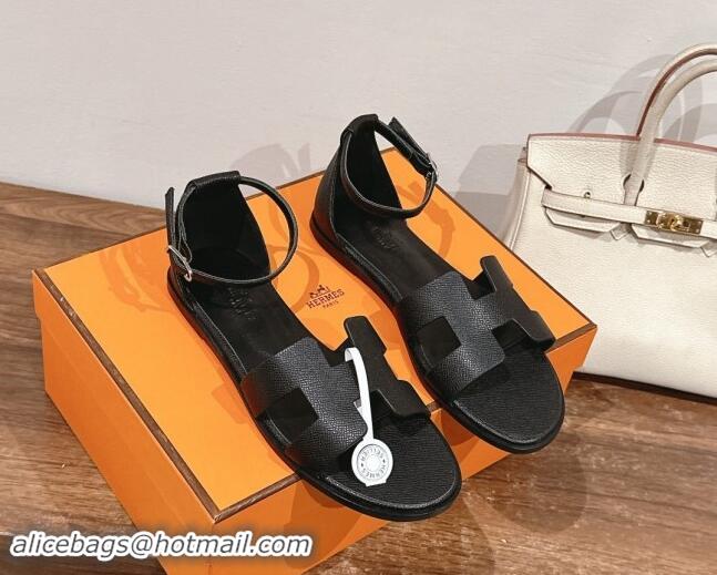 Shop Duplicate Hermes Santorini Flat Sandals in Grained Calfskin Black 909008