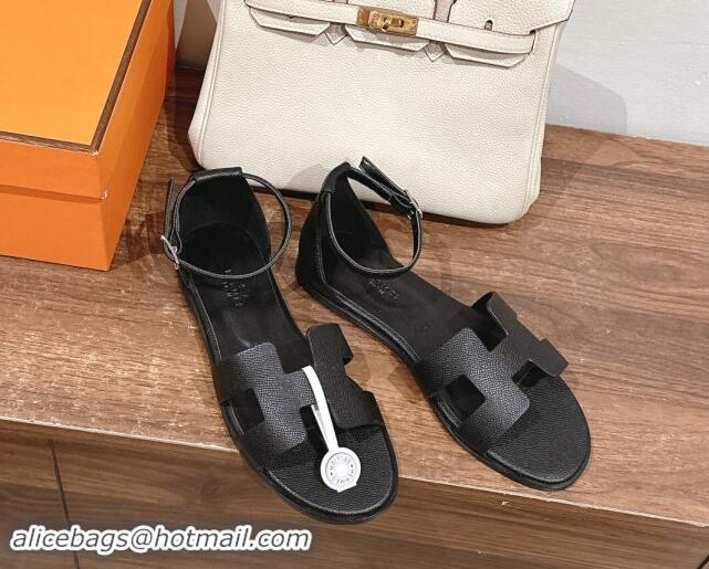 Shop Duplicate Hermes Santorini Flat Sandals in Grained Calfskin Black 909008