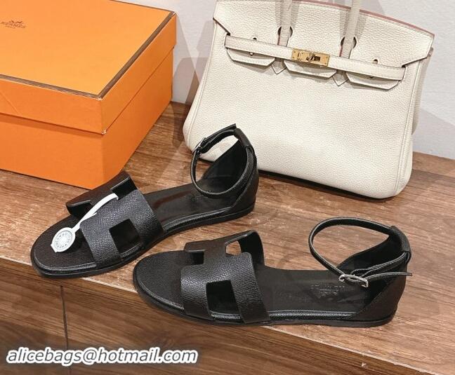 Shop Duplicate Hermes Santorini Flat Sandals in Grained Calfskin Black 909008