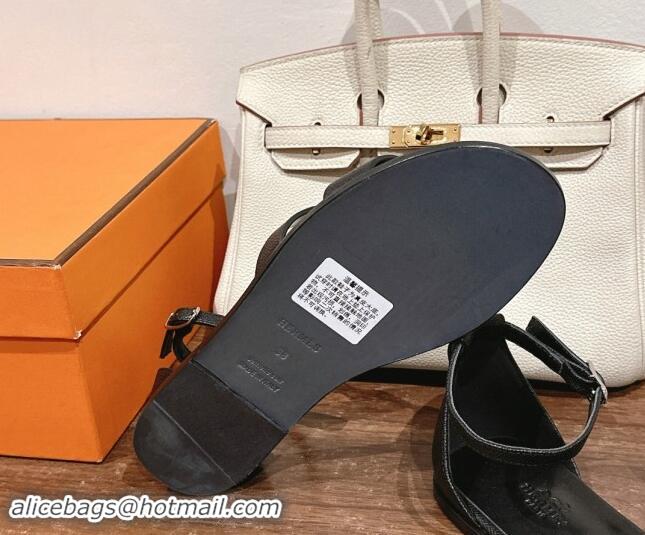 Shop Duplicate Hermes Santorini Flat Sandals in Grained Calfskin Black 909008