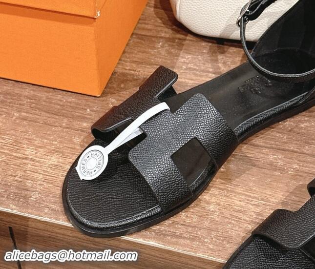 Shop Duplicate Hermes Santorini Flat Sandals in Grained Calfskin Black 909008