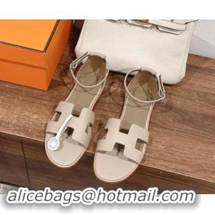 Popular Style Hermes Santorini Flat Sandals in Grained Calfskin Light Grey 909009