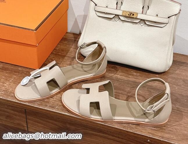 Popular Style Hermes Santorini Flat Sandals in Grained Calfskin Light Grey 909009