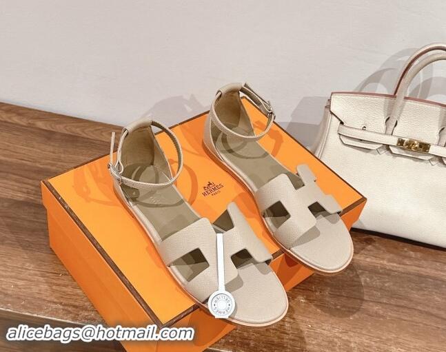 Popular Style Hermes Santorini Flat Sandals in Grained Calfskin Light Grey 909009