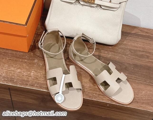 Popular Style Hermes Santorini Flat Sandals in Grained Calfskin Light Grey 909009