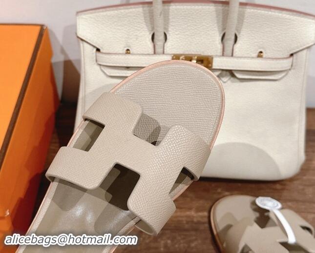 Popular Style Hermes Santorini Flat Sandals in Grained Calfskin Light Grey 909009