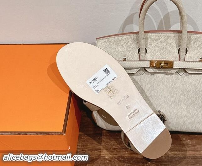 Popular Style Hermes Santorini Flat Sandals in Grained Calfskin Light Grey 909009