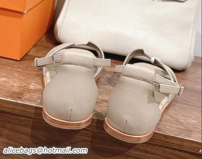 Popular Style Hermes Santorini Flat Sandals in Grained Calfskin Light Grey 909009