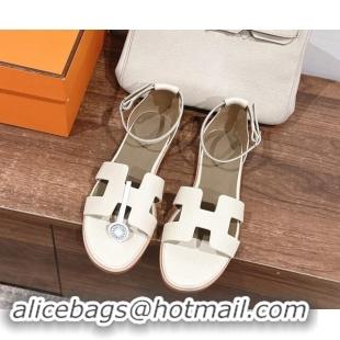 Purchase Hermes Santorini Flat Sandals in Grained Calfskin White 909010