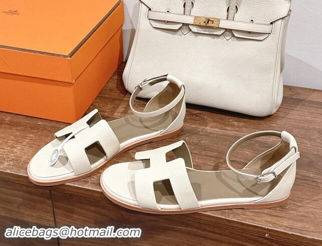 Purchase Hermes Santorini Flat Sandals in Grained Calfskin White 909010