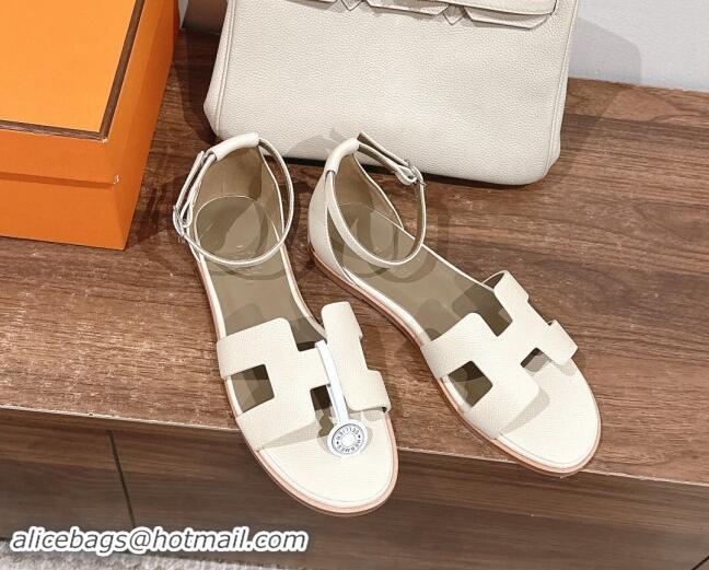 Purchase Hermes Santorini Flat Sandals in Grained Calfskin White 909010