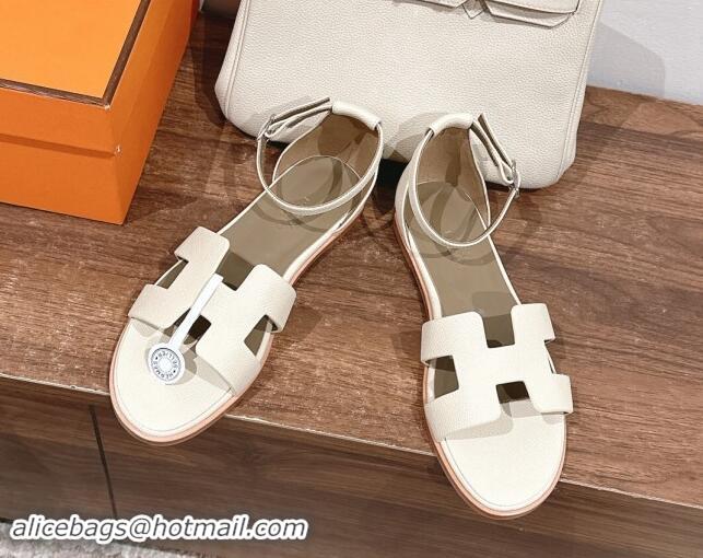 Purchase Hermes Santorini Flat Sandals in Grained Calfskin White 909010