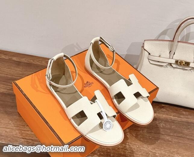 Purchase Hermes Santorini Flat Sandals in Grained Calfskin White 909010