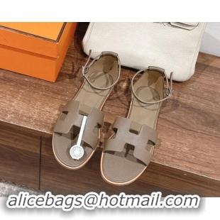 Pretty Style Hermes Santorini Flat Sandals in Grained Calfskin Dark Grey 909011