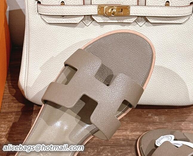 Pretty Style Hermes Santorini Flat Sandals in Grained Calfskin Dark Grey 909011