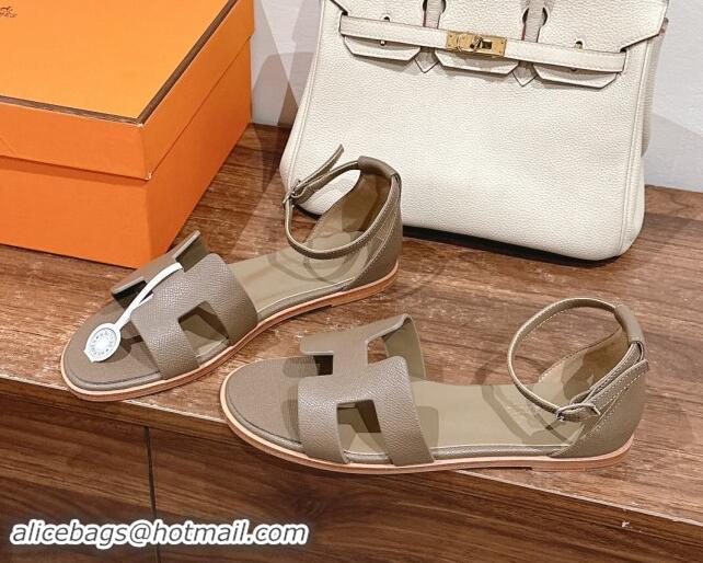 Pretty Style Hermes Santorini Flat Sandals in Grained Calfskin Dark Grey 909011