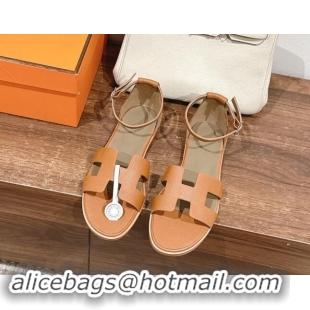 Top Grade Hermes Santorini Flat Sandals in Grained Calfskin Brown 909012