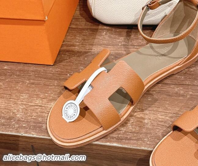 Top Grade Hermes Santorini Flat Sandals in Grained Calfskin Brown 909012