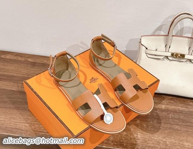 Top Grade Hermes Santorini Flat Sandals in Grained Calfskin Brown 909012