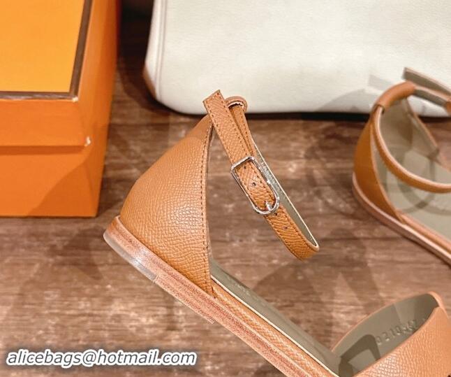 Top Grade Hermes Santorini Flat Sandals in Grained Calfskin Brown 909012