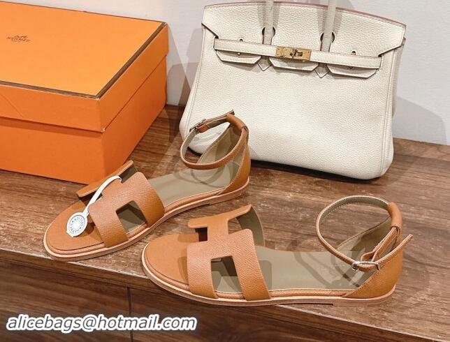 Top Grade Hermes Santorini Flat Sandals in Grained Calfskin Brown 909012