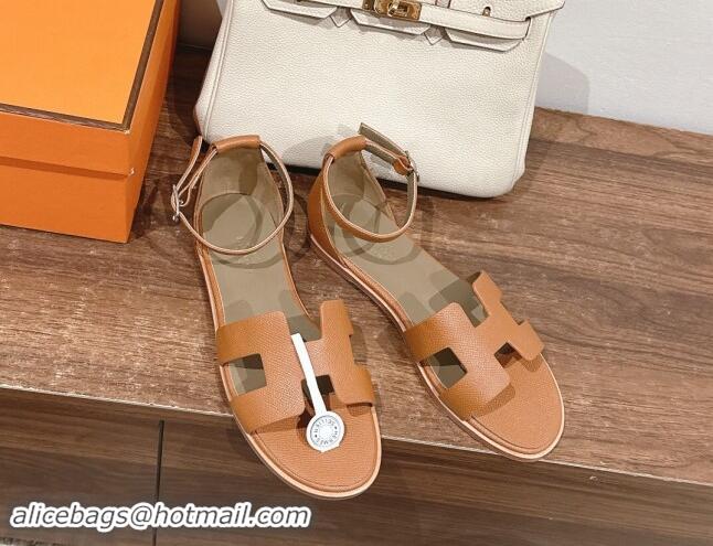 Top Grade Hermes Santorini Flat Sandals in Grained Calfskin Brown 909012