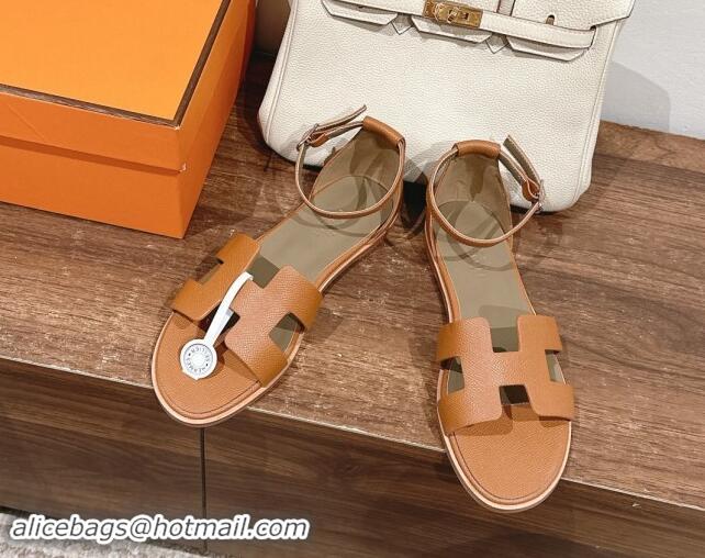 Top Grade Hermes Santorini Flat Sandals in Grained Calfskin Brown 909012