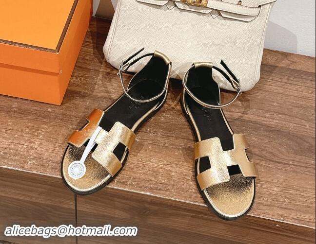 Good Product Hermes Santorini Flat Sandals in Grained Calfskin Gold 909013