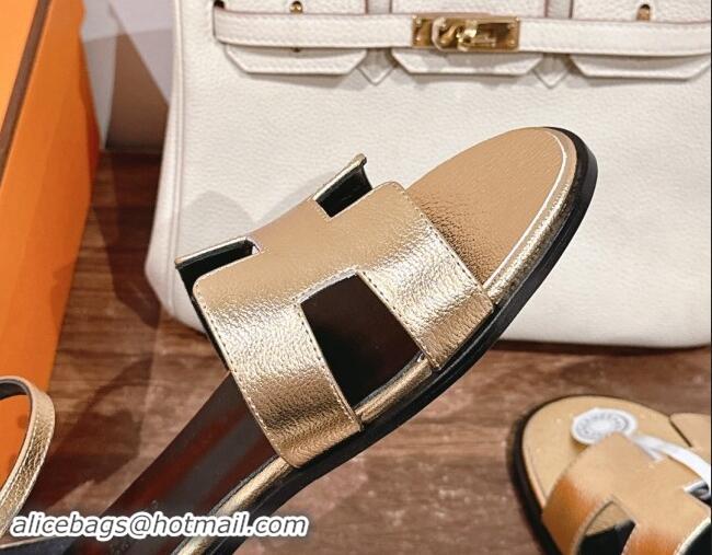 Good Product Hermes Santorini Flat Sandals in Grained Calfskin Gold 909013