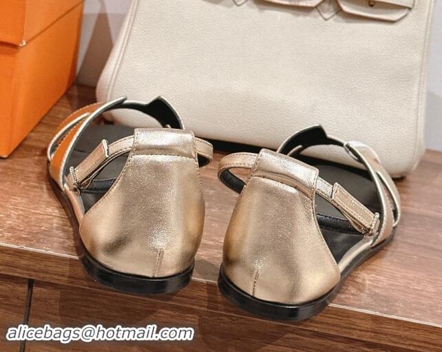 Best Price Hermes Santorini Flat Sandals in Smooth Calfskin Light Gold 909014