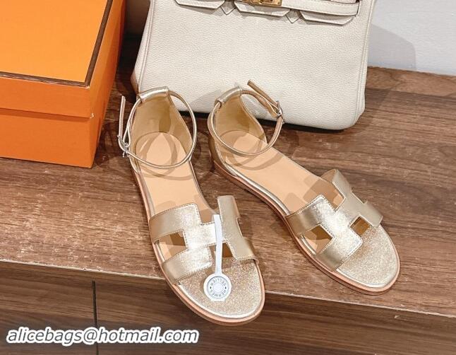 Best Product Hermes Santorini Flat Sandals in Smooth Calfskin Gold/Beige 909015