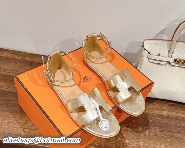 Best Product Hermes Santorini Flat Sandals in Smooth Calfskin Gold/Beige 909015