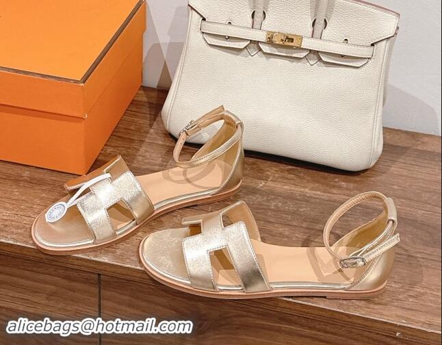 Best Product Hermes Santorini Flat Sandals in Smooth Calfskin Gold/Beige 909015