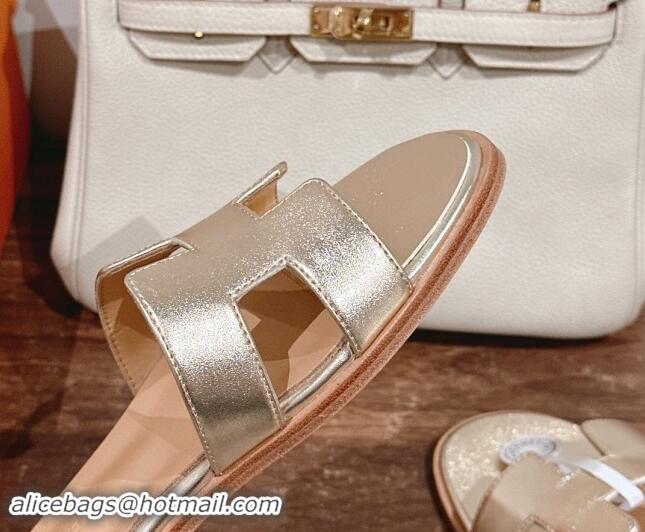 Best Product Hermes Santorini Flat Sandals in Smooth Calfskin Gold/Beige 909015