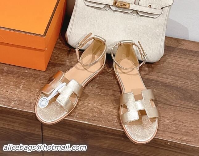 Best Product Hermes Santorini Flat Sandals in Smooth Calfskin Gold/Beige 909015