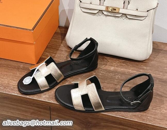 Durable Hermes Santorini Flat Sandals in Smooth Calfskin Gold/Black 909016