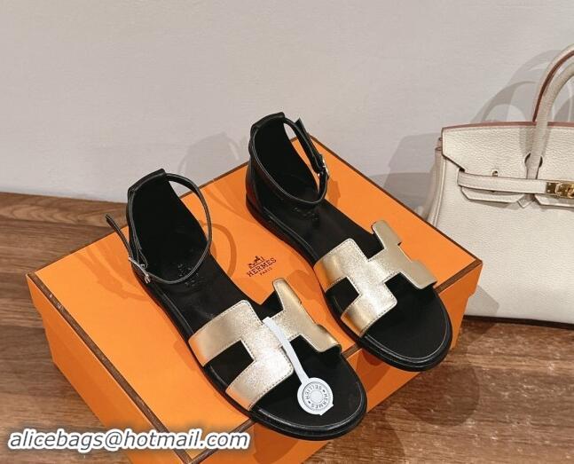 Durable Hermes Santorini Flat Sandals in Smooth Calfskin Gold/Black 909016