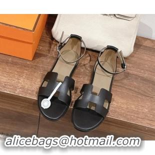 Grade Quality Hermes Santorini Flat Sandals in Smooth Calfskin Black 909017