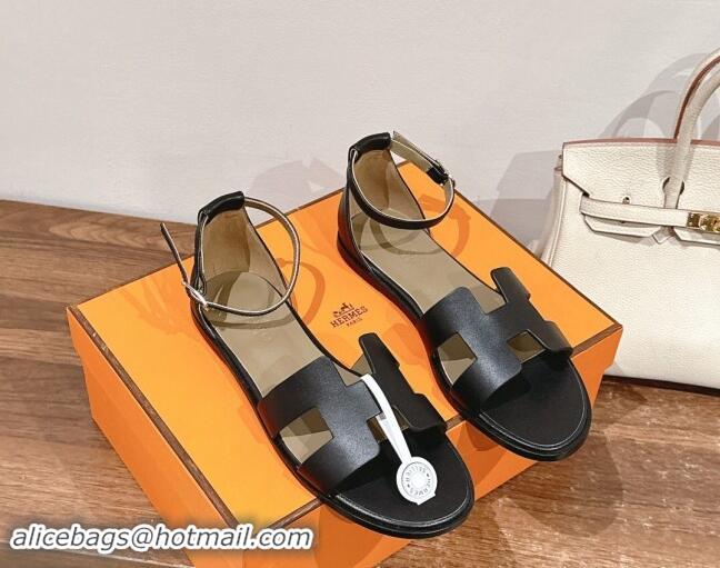 Grade Quality Hermes Santorini Flat Sandals in Smooth Calfskin Black 909017