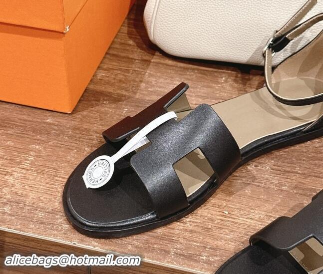 Grade Quality Hermes Santorini Flat Sandals in Smooth Calfskin Black 909017