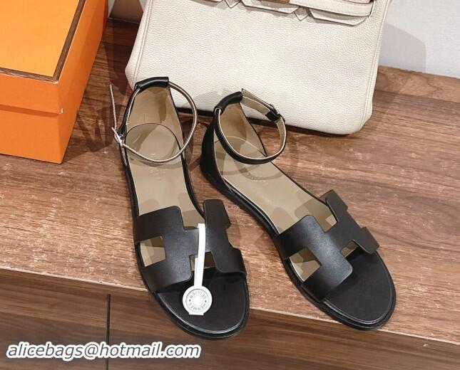 Grade Quality Hermes Santorini Flat Sandals in Smooth Calfskin Black 909017