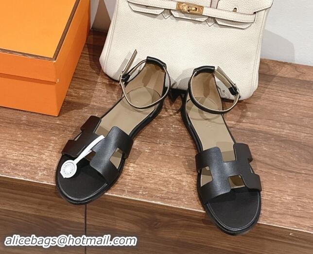 Grade Quality Hermes Santorini Flat Sandals in Smooth Calfskin Black 909017