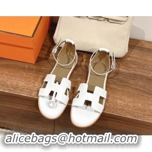 Best Grade Hermes Santorini Flat Sandals in Smooth Calfskin White 909018