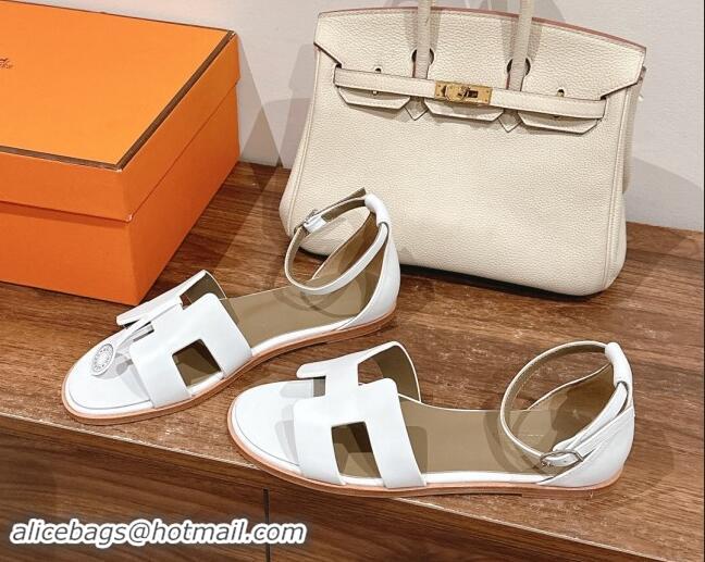 Best Grade Hermes Santorini Flat Sandals in Smooth Calfskin White 909018