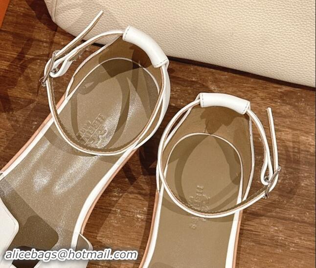 Best Grade Hermes Santorini Flat Sandals in Smooth Calfskin White 909018