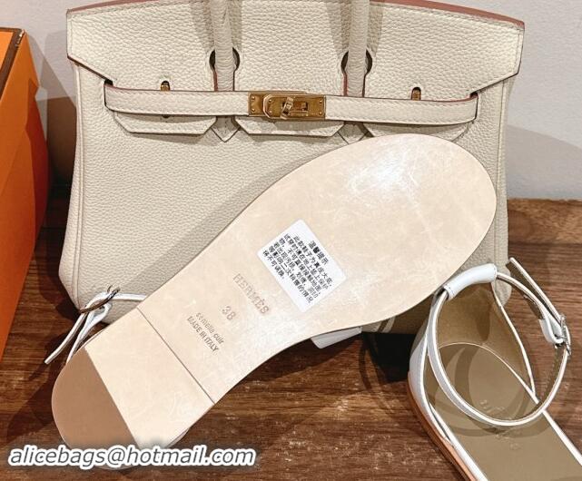 Best Grade Hermes Santorini Flat Sandals in Smooth Calfskin White 909018